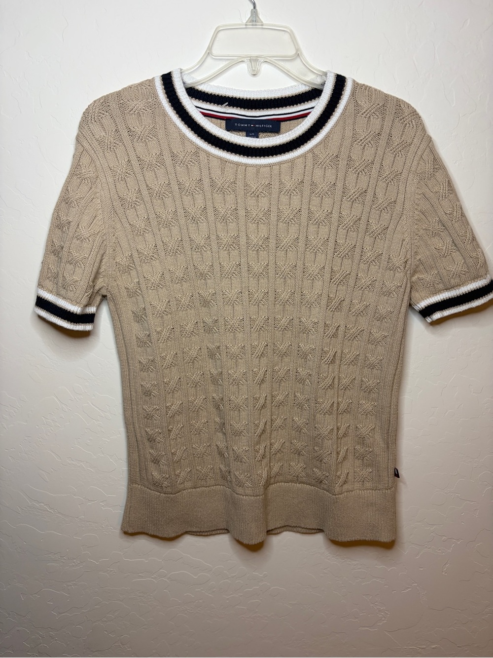 Tommy Hilfiger Beige Cable Knit Crewneck Sweater with Black & White Trim